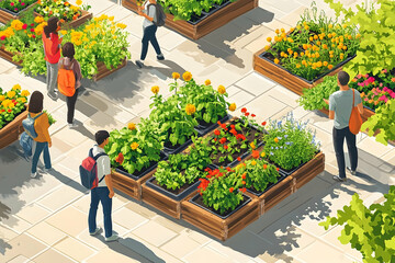 Elevated view of flowers/herbs in raised garden beds on a tiled area, with people walking by