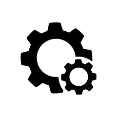 Two interlocking gears in black silhouette icon design  
