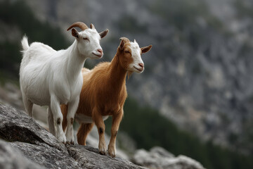 Fototapeta premium wild goats standing majestically on rocky peaks surrounded by breathtaking mountain scenery