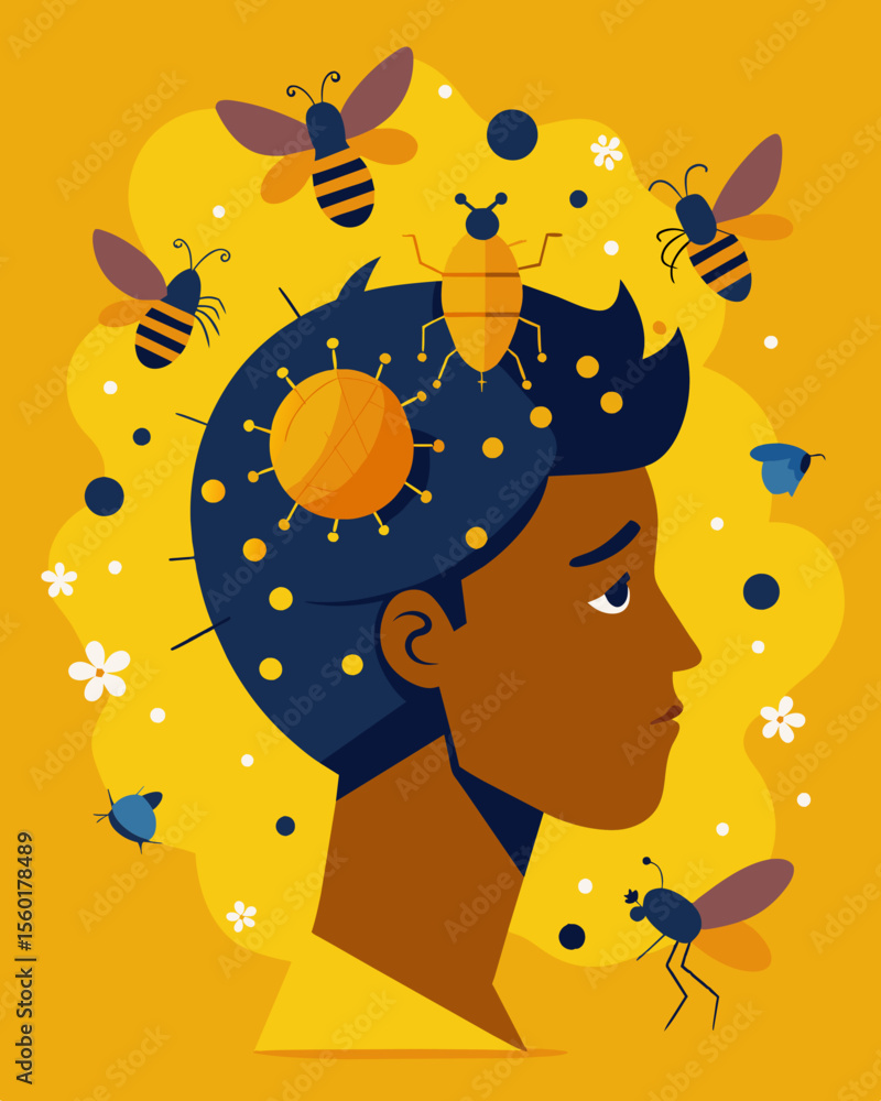 Poster a swarm of buzzing bees ticking clocks and tangled webs spilling out of a persons head representing 