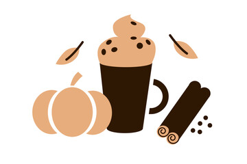 Pumpkin latte with whipped cream and chocolate chips, surrounded by cinnamon sticks, pumpkin, falling leave