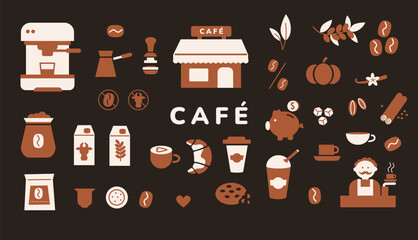 Set of flat vector coffee shop with espresso machine, barista, café building, drinks, pastries, ingredients, and tools.