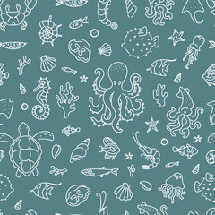 Seamless marine pattern with hand-drawn outline illustrations of octopus, turtle, seahorse, fish, coral, seashells, squid, and underwater creatures. Sea life and ocean animals concept.