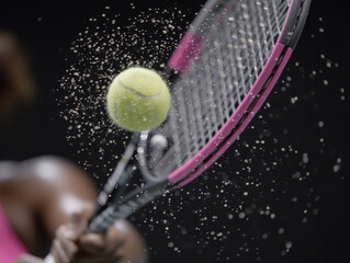 Tennis ball hitting racket with water droplets splashing in dynamic sports action shot, showing motion and energy in close up view on black background