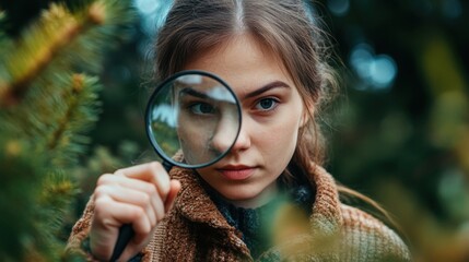 Young Woman Exploring Nature with Magnifying Glass