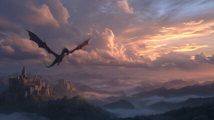 Obraz premium Mystical dragon flying above ancient castle in blue-toned mountain landscape under moonlight, symbolizing fantasy legend, mystery, darkness, magic world, and enchanted medieval adventure concept