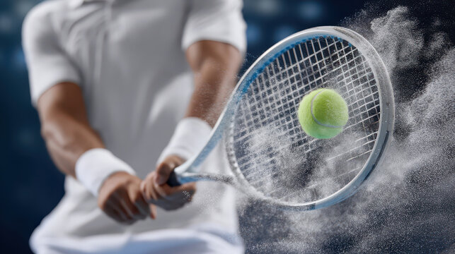 Tennis player hitting ball with racket in mid swing, showing powder explosion and intense focus during game on dark background