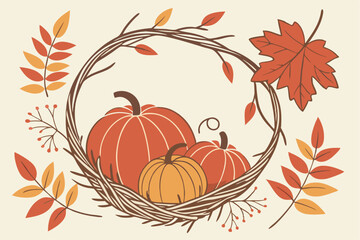 Rustic Autumn Pumpkin and Leaf Wreath Design