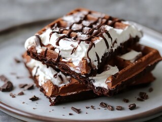 Chocolate waffles with whipped cream and chocolate drizzle
