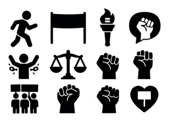 Activism and protest solid icon set. empowerment, justice, and freedom symbols