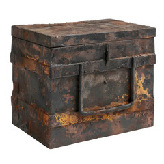 Rusty metal box with weathered appearance, showcasing vintage style and sturdy handle, perfect for storage or decoration