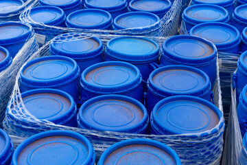 Plastic blue barrels in a pickle industry