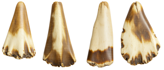 Worn edges of animal teeth displayed on transparent background  