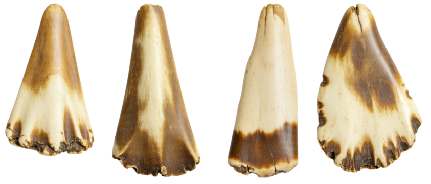 Worn edges of animal teeth displayed on transparent background  