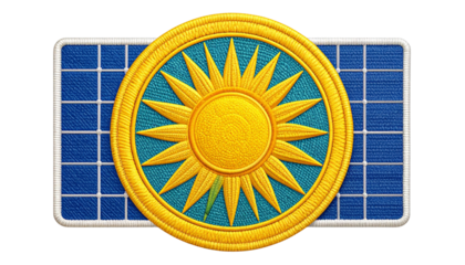 Solar panel patch embroidery with bright yellow sun design symbolizing renewable energy and ecofriendly power source isolated on solid white background
