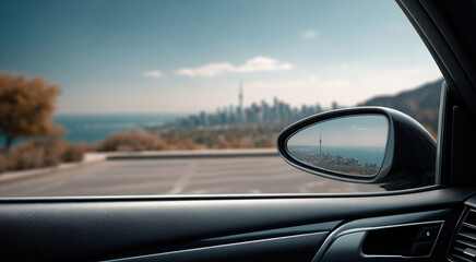Car interior side mirror city skyline empty parking lot autumn blue sky urban travel reflection modern vehicle