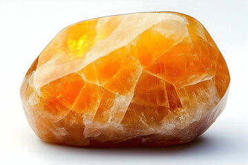 Polished, translucent orange stone glows with internal light on a bright white background