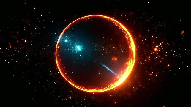 Glowing rotating sphere or star with particles in dark background
