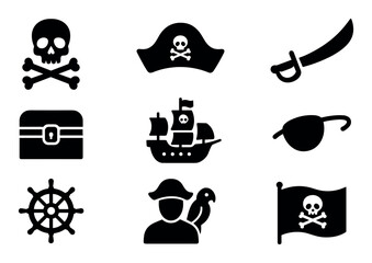 Obraz premium Pirate, adventure solid icon set. nautical, treasure hunt icons collection