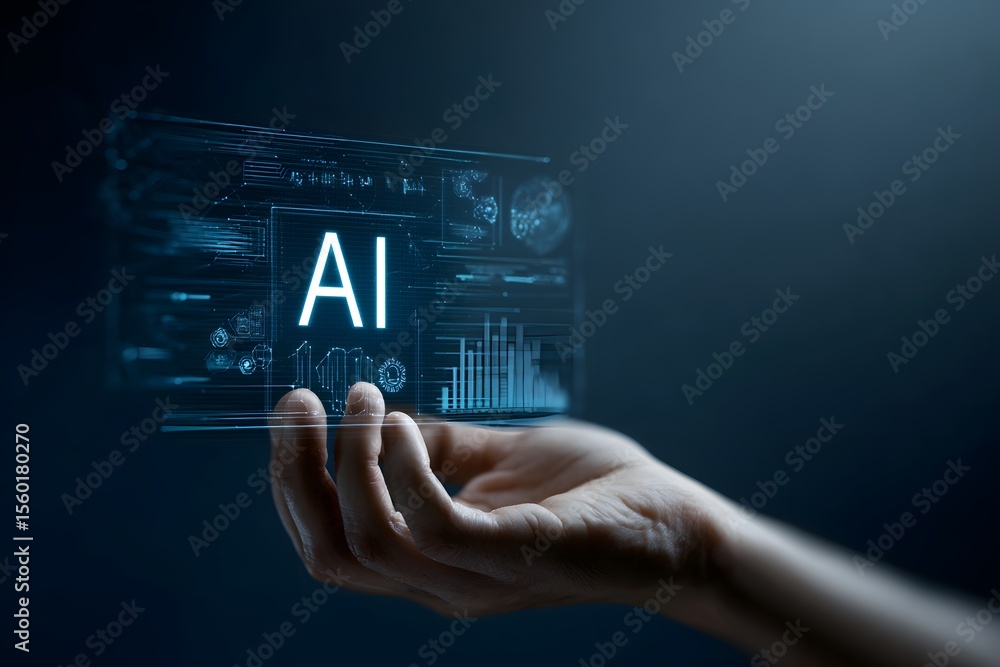 Poster abstract hand holding an icon of artificial intelligence with the text 