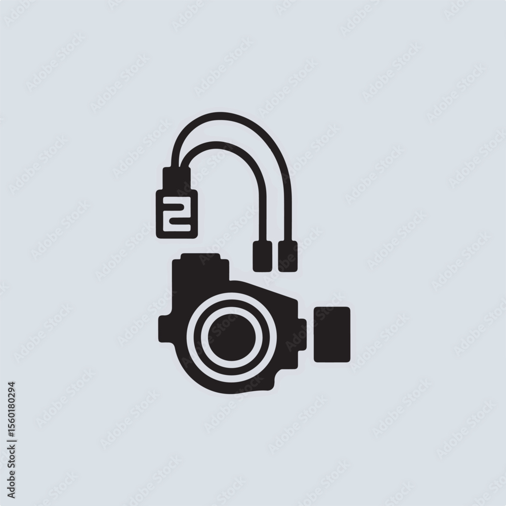 Poster isolated vector illustration of a technical component with curved lines, a central circular design, 