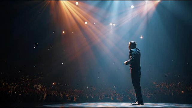 A confident speaker addresses a large audience at a business conference, under dramatic lighting.