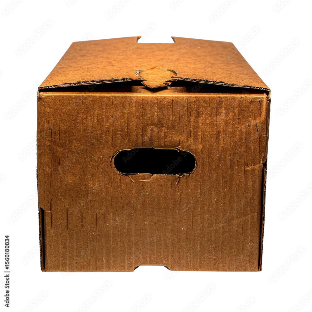 Poster simple cardboard box with cut out handle, showcasing rustic brown texture and functional design. thi
