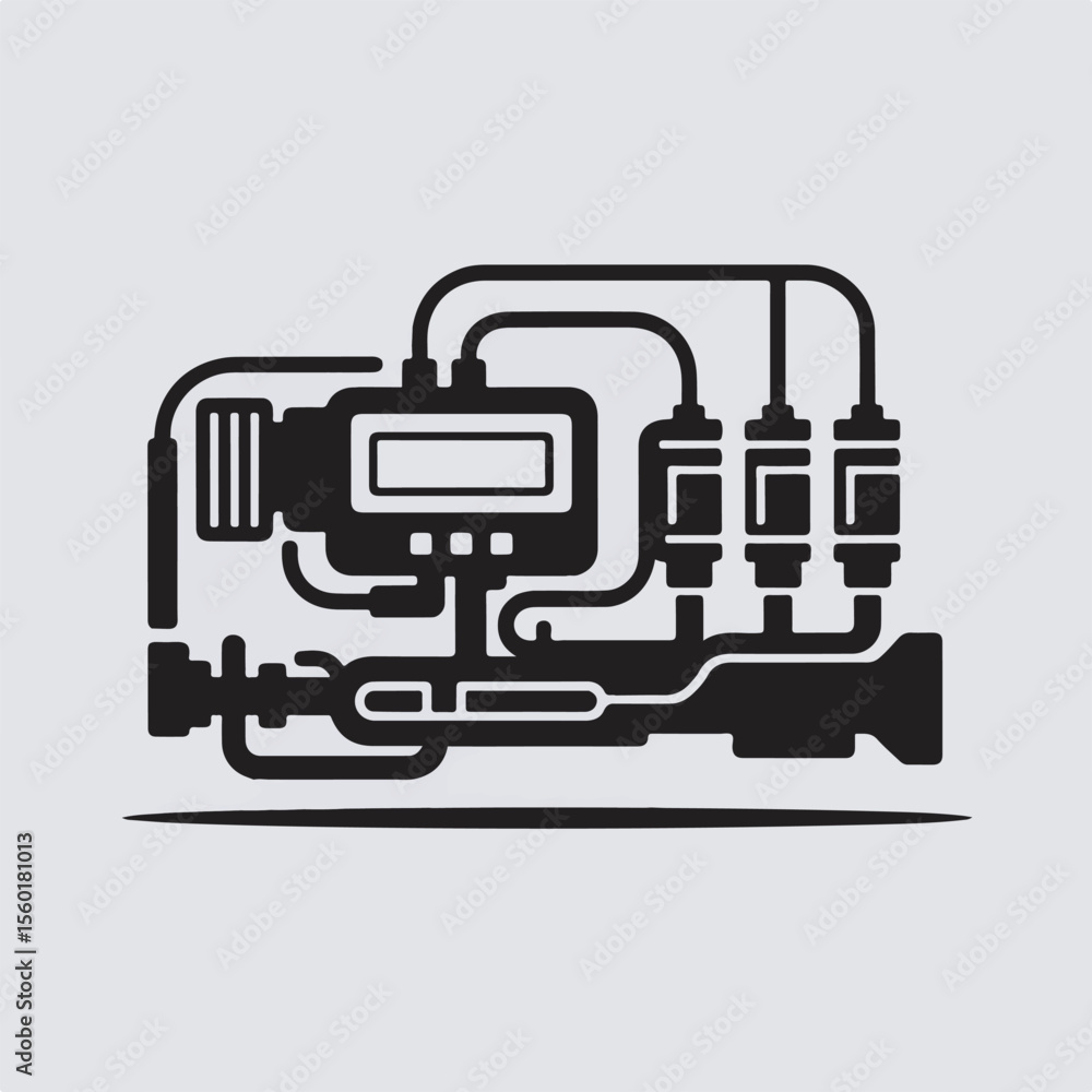 Poster abstract schematic illustration of an engine featuring a display and multiple cylindrical filters in