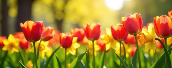 Fototapeta premium Vibrant tulips and daffodils burst forth in spring's warm sunlight , purple, blossom