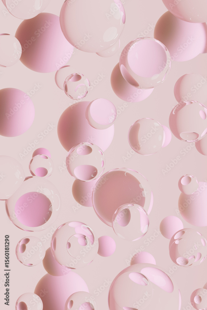 Poster ethereal pink bubbles abstract background. surreal soft pink pattern with floating transparent and p