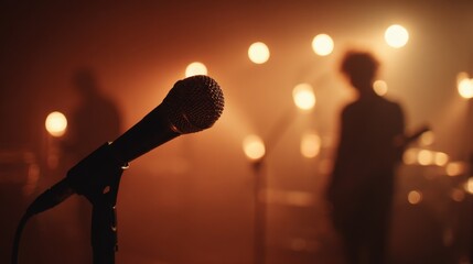 Obraz premium Spotlight on a microphone at a dimly lit concert, capturing the energy of live music and the blurred silhouettes of performers.
