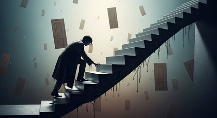 A man in a long coat ascends a decaying staircase amidst a surreal rain of falling doors.