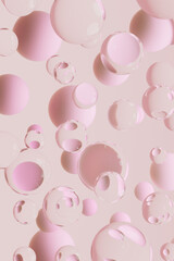 Ethereal pink bubbles abstract background. Surreal soft pink pattern with floating transparent and pink glossy spheres. 3D rendering. Fantasy caln serene abstract background in minimal, organic style.