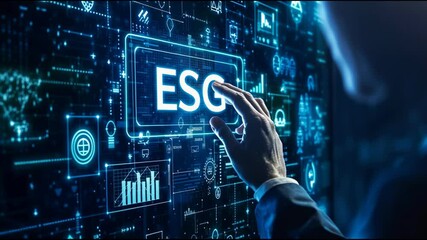 EsG concept displayed on a digital screen with a person's hand interacting with the interface. - Powered by Adobe