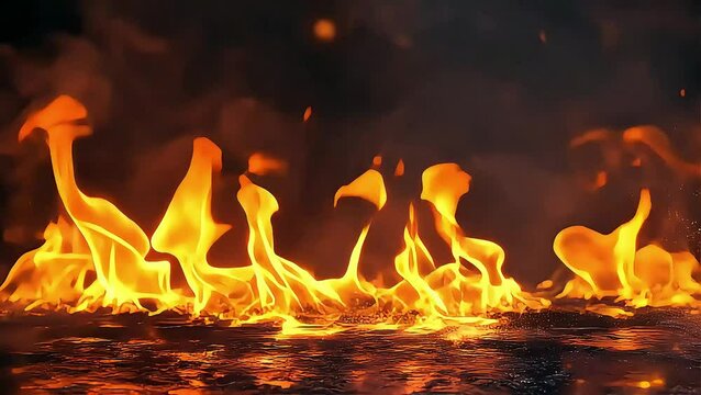Fire flames with flying sparks on dark background