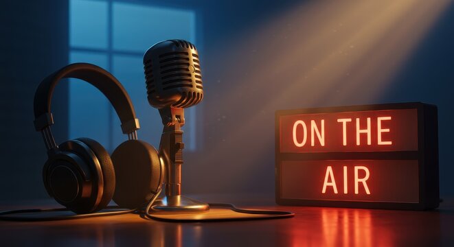 Vintage microphone with headphones and "ON THE AIR" illuminated sign for radio broadcasting