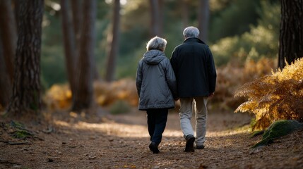 Obraz premium Elderly Couple Holding Hands Walking Slowly in Nature