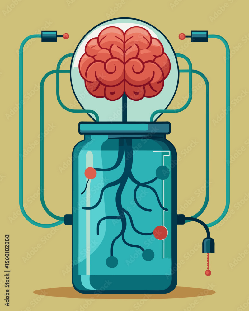 Poster a brain floating in a jar hooked up to wires and tubes being monitored and influenced by external fo