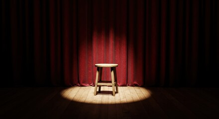 Empty stage with spotlight on stool and red curtains