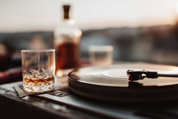 Fototapeta premium cozy vintage record player spinning classic jazz vinyl surrounded by soft warm lighting