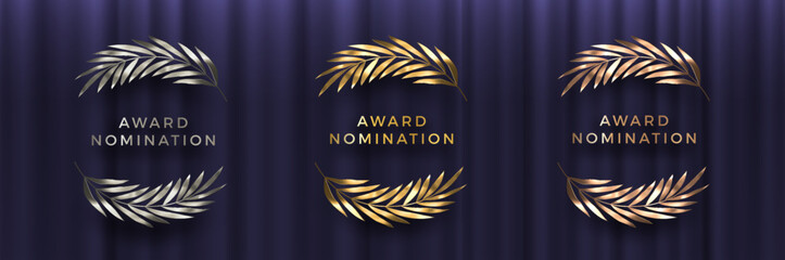 Award sign with palm branches wreath - golden, silver and bronze variants, on black curtain background. Award sign vector set.