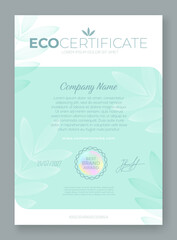 Eco certificate template with floral and nature elements. Eco friendly awards. Design can be used for diploma, invitation, coupon, gift voucher. Vector illustration.
