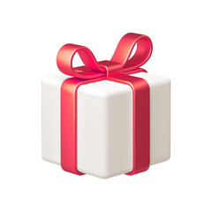 White gift box with red bow ribbon isolated on white background. 3d render holiday decorations. Vector illustration. Design elements.