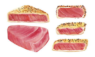 Set of watercolor hand painted raw seafood tuna steak simple sketch illustration on white background. DIY elements for French cuisine menu, social media, ads and posters