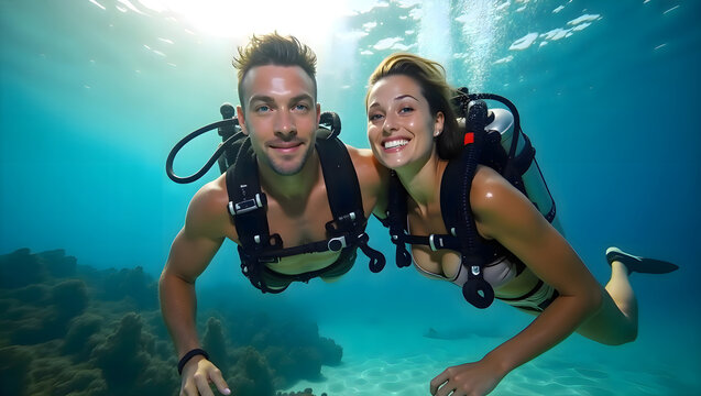 Man and woman in scuba diving gear smiling and posing for a photo underwater while exploring marine life in the deep ocean - Powered by Adobe