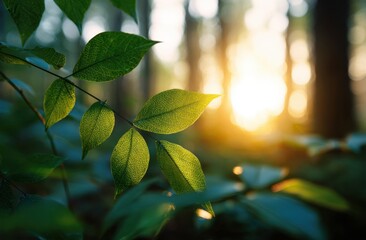 Sunlit leaves in a forest at sunset, showcasing intricate leaf veins and soft golden light.