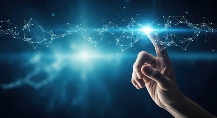 Human Hand Touching Glowing Digital Network Connection Wireframe on Futuristic Blue Background