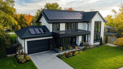 Modern suburban home with sleek black solar panels perfectly integrated into dark roof shingles, no visible mounting hardware, luxury sustainable living concept