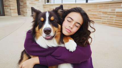 Girl hugging big dog with closed eyes on modern patio in peaceful moment