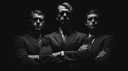 Three powerful businessmen stand united, their arms crossed, exuding confidence and determination in a dramatic black and white portrait.